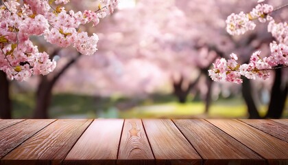 Wooden Table & Blooming Sakura. Set against soft bokeh, natural light. Serene, idyllic, spring scene