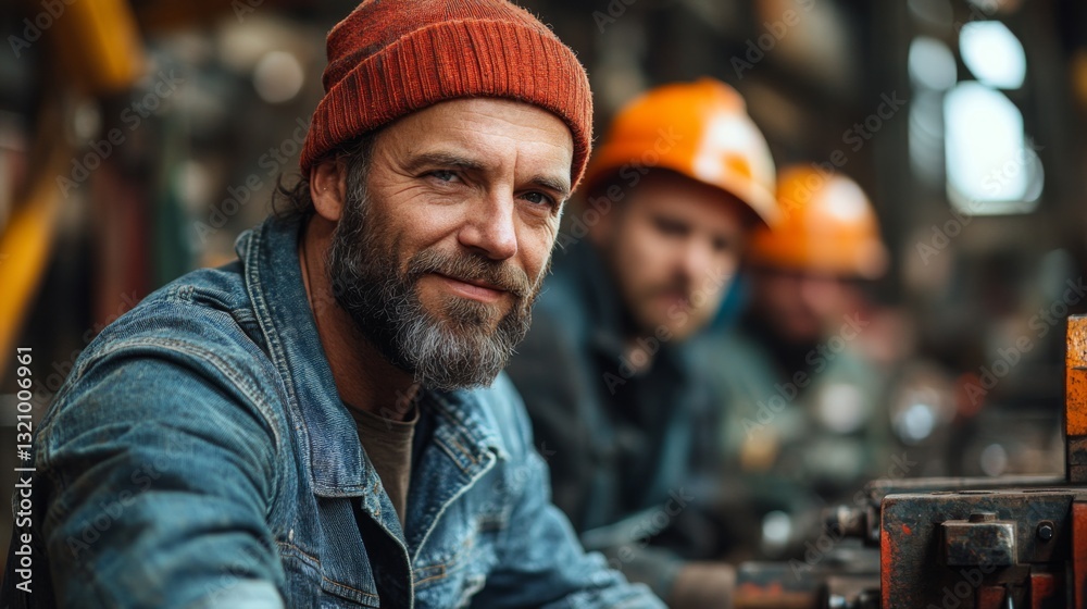 Poster a skilled worker wearing a beanie and denim jacket smiles as he collaborates with teammates in a bus