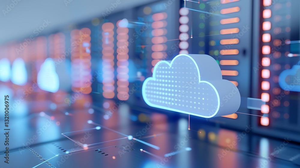 Poster futuristic cloud computing concept with data center server background and digital storage technology