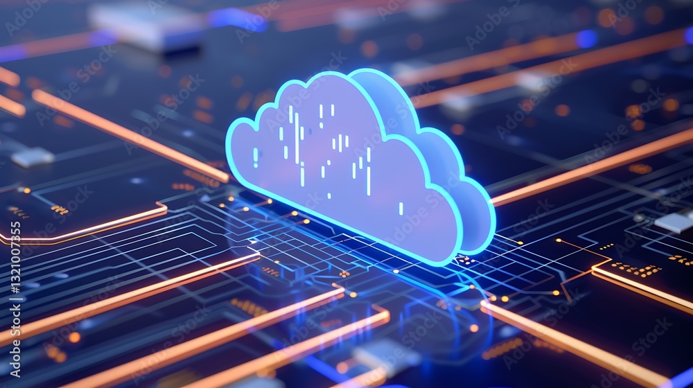 Poster futuristic cloud computing concept with digital circuitry and neon elements for technology backgroun