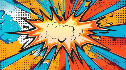 A comic book style explosion with a speech bubble.