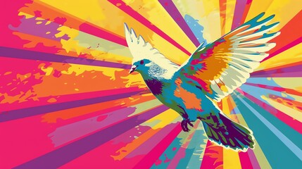 Fototapeta premium A colorful illustration of a dove in flight against a bright, abstract background.