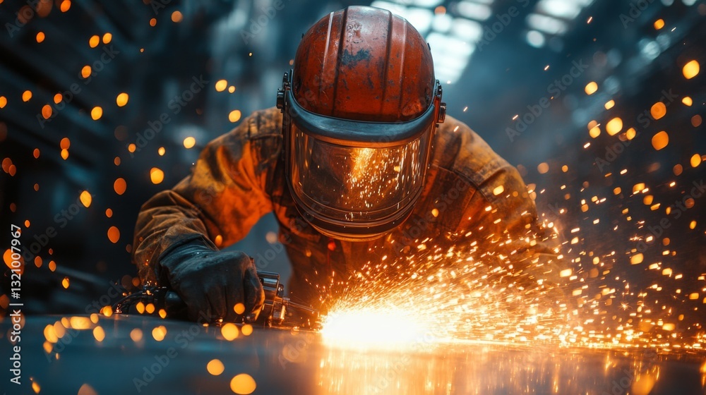 Poster a skilled worker performs welding tasks in a busy manufacturing facility.
