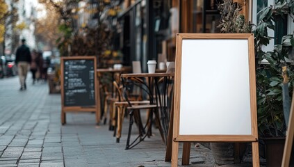 Outdoor cafe signage on a city street