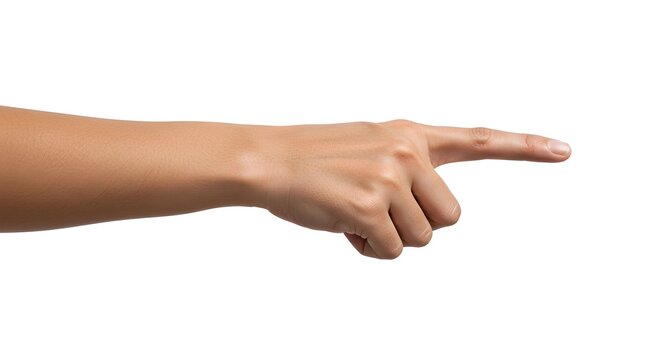 Hand pointing finger to the right, isolated on a white background