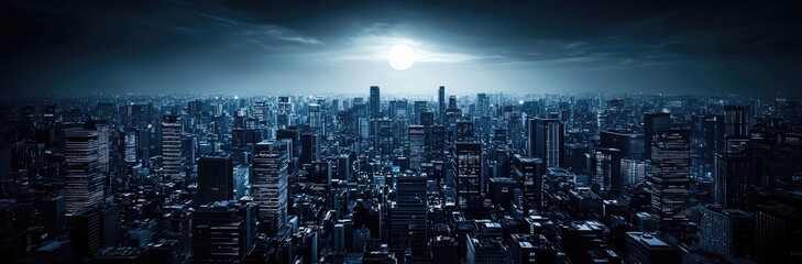 Obraz premium Dark sky concept. A stunning panoramic view of a modern city skyline at night illuminated by the moon.