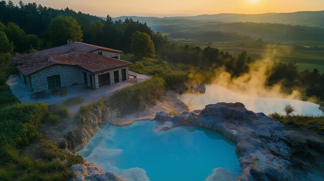 Stunning Hot Springs with Droste Effect &ndash; Vibrant Blue Pond at Dawn in Biei, Serene Geothermal Spa Landscape with Rising Steam and Lush Greenery\