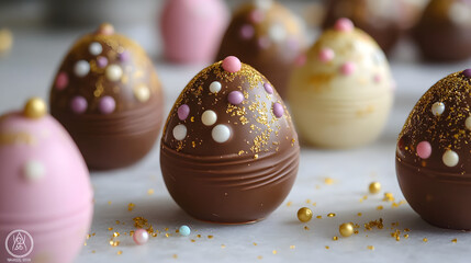 Obraz premium Easter eggs made from smooth dark and white chocolate, filled with a rich hazelnut spread, decorated with colorful candy pearls and edible gold flakes for a festive touch.