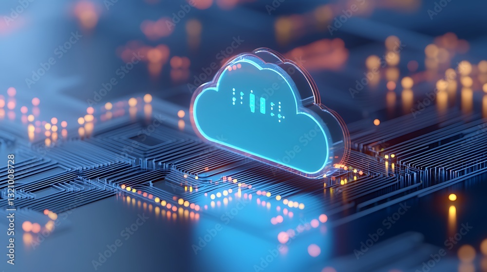 Poster futuristic cloud computing representation with digital circuitry and abstract technology elements
