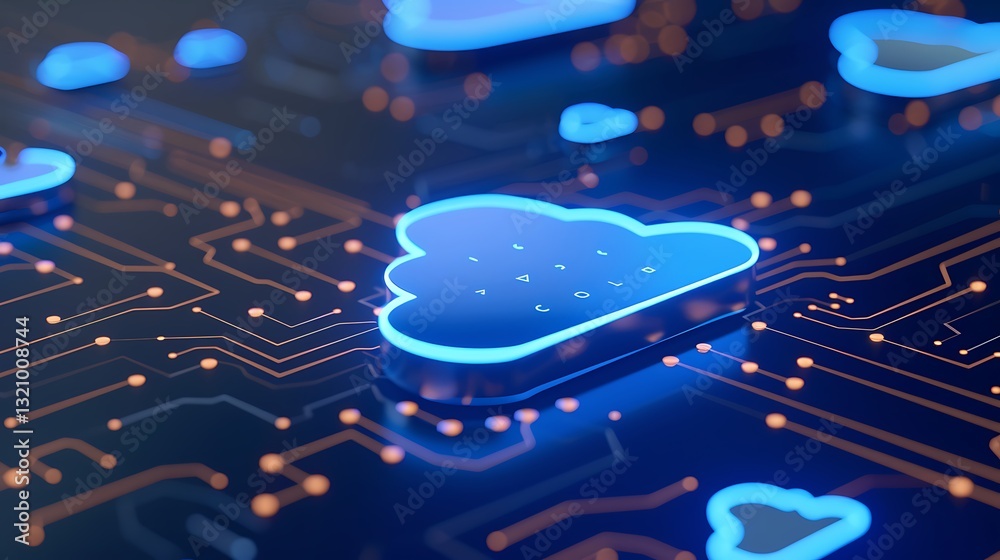 Sticker futuristic cloud computing technology concept with glowing circuit board and digital connections