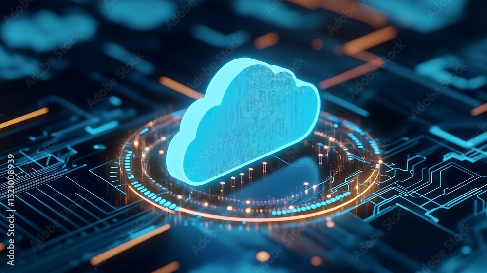 Poster futuristic cloud icon in digital network background representing cloud computing technology concept