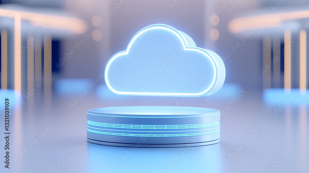 Wall mural futuristic cloud icon on platform in modern digital space with soft lighting and technology elements
