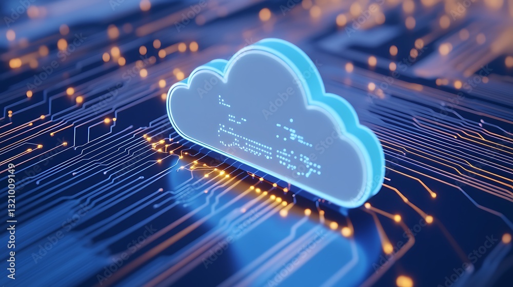 Poster futuristic cloud icon on digital circuit background representing data connectivity and cloud computi