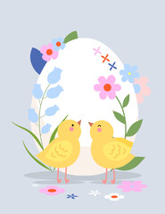 Yellow chicks on a background of Easter eggs and flowers. Greeting card for Easter.