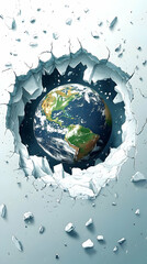 Fototapeta premium Earth breaking through wall; global crisis