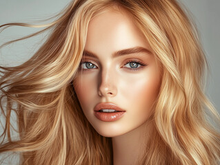Fototapeta premium Gorgeous female model with long, flowing blonde hair and striking features, showcasing radiant makeup look. image captures sense of beauty and elegance
