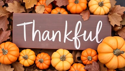 A Heartwarming Autumn Scene Celebrating Thankfulness With A Rustic Wooden Sign Surrounded By Vibrant Pumpkins And Fallen Leaves In Warm, Inviting Tones