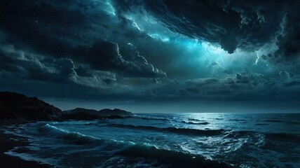 Obraz premium A Stormy Nights Embrace Over A Restless Ocean, Under A Breathtaking Spectacle Of Dark Clouds And Ethereal Light