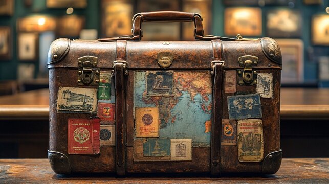 A well worn vintage travel suitcase decorated with various stickers