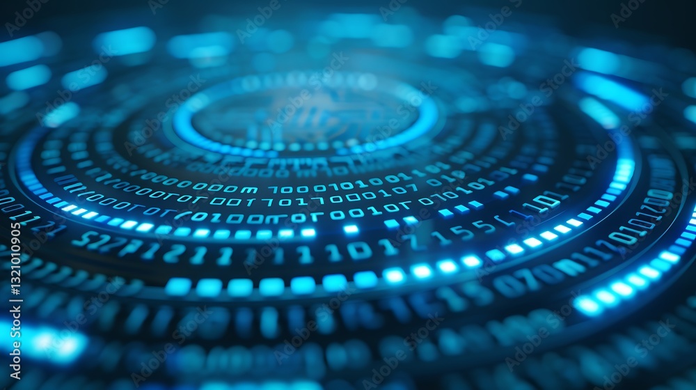Poster futuristic digital circuit with light trails and binary code in a modern high-tech environment