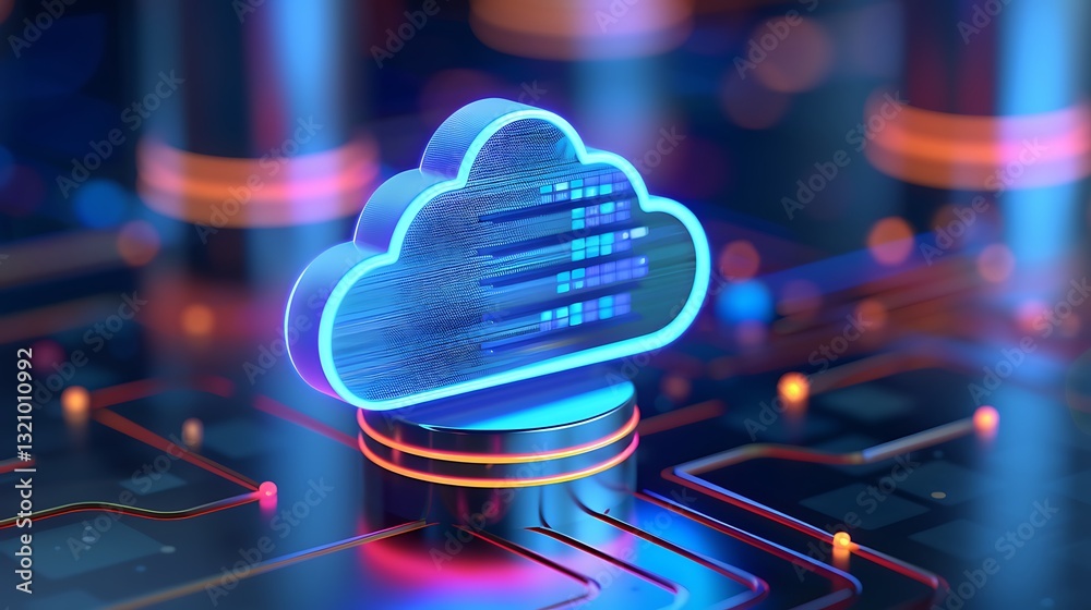 Poster futuristic digital cloud computing technology concept with neon elements and data stream visualizati
