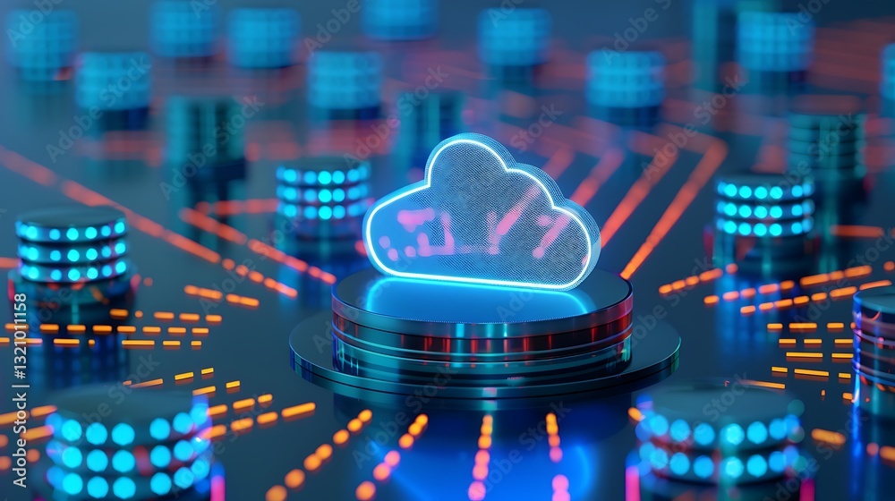Poster futuristic digital cloud network concept with glowing elements and circuit patterns for technology t