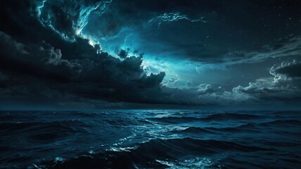 Naklejka premium A Stormy Ocean Under A Breathtaking Night Sky, Electric Blue Lightning Illuminating Dark, Rolling Waves And Starlit Clouds