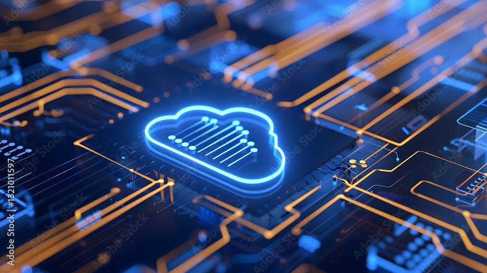 Sticker futuristic digital cloud technology interface with glowing circuit patterns and neon blue accents in