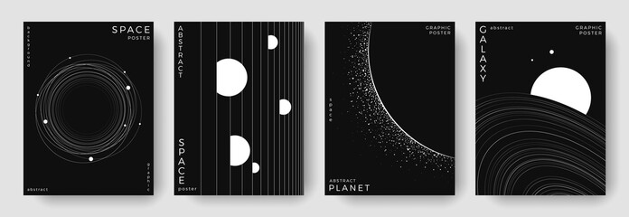 Set of abstract space astronomy backgrounds. Line art simple galaxy, planet, solar system. Black and white science future concept. Futuristic minimal design for cover, poster, banner, flyer, brochure © Anastasiya Stoma