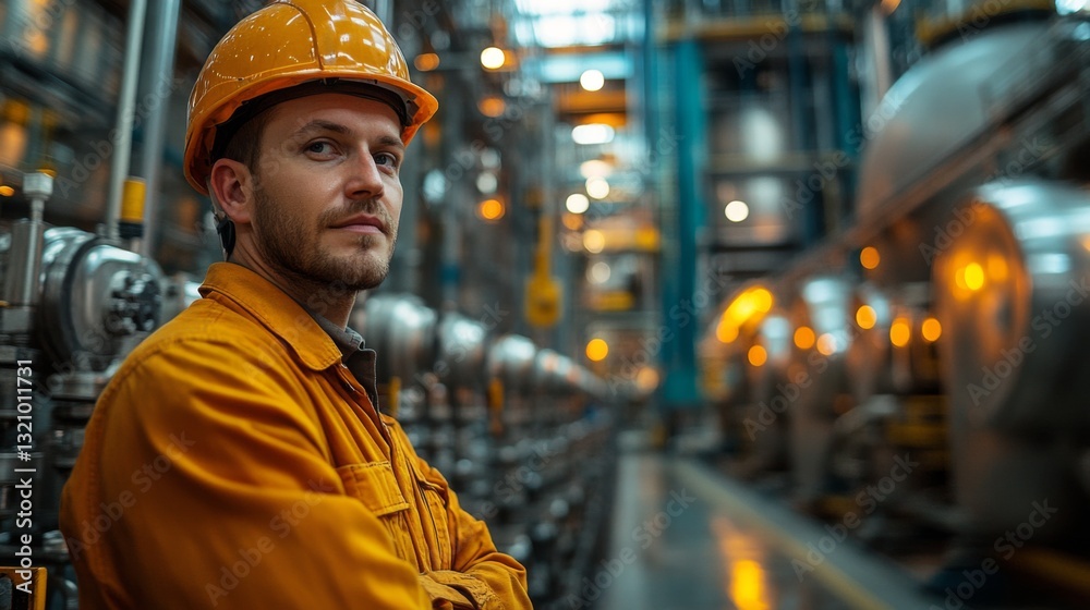 Poster a worker in safety gear monitors machinery in a bustling petrochemical refinery, ensuring efficient 
