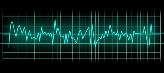 Fototapeta premium Cyan Heartbeat Line on Dark Blue Electronic Music Grid Background, Signal Measurement, Graph