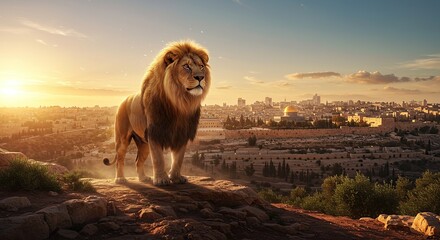 Naklejka premium Majestic Lion Overlooking Jerusalem Cityscape at Golden Sunset