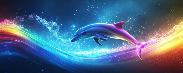 Majestic dolphin leaping through vibrant rainbow waves in a luminous ocean scene