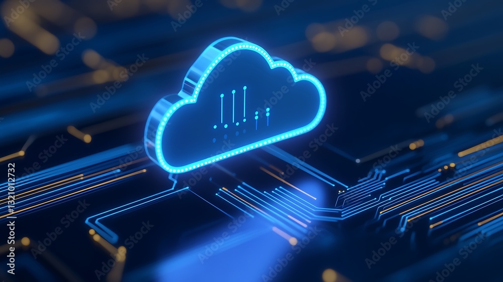 Wall mural high-tech cloud storage icon with glowing circuit background for digital technology concepts