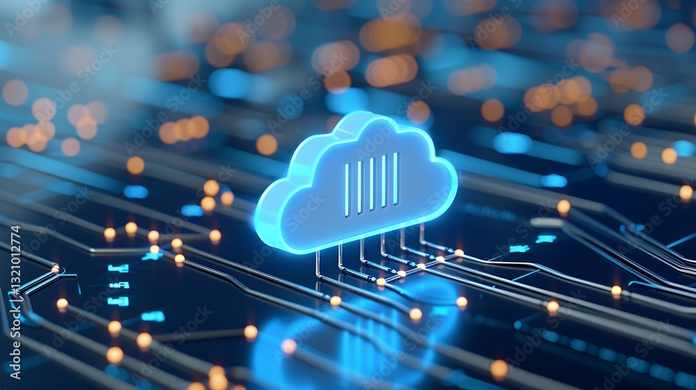 Poster illustrative cloud symbol with circuit patterns representing digital technology and connectivity con