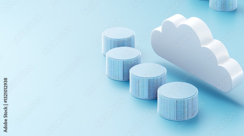 Poster modern cloud computing concept with 3d cloud and data storage representations on a soft blue backgro