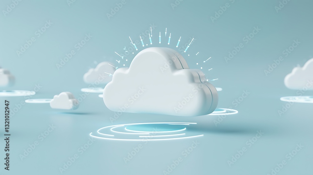 Poster modern 3d cloud icon with light rays and soft background representing digital technology and cloud c