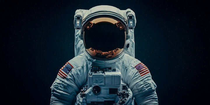 A solitary astronaut in a spacesuit, with an American flag, stands against a dark background, evoking themes of exploration and the unknown. - Powered by Adobe