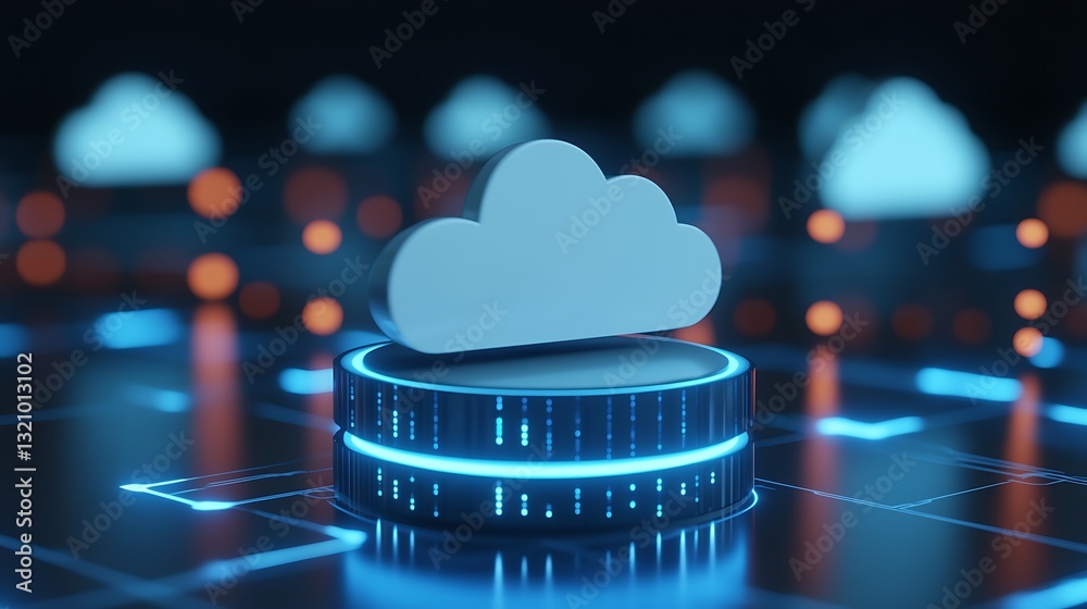Poster modern cloud computing concept with abstract technology elements and glowing circuits in digital env