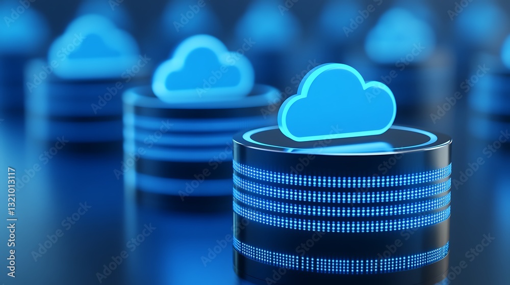Wall mural modern cloud computing concept with blue cloud icon on glossy data storage devices in technological 