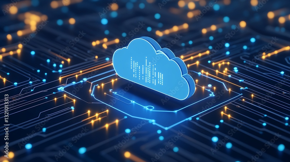 Poster modern cloud computing concept with digital circuitry and data visualization in a futuristic style