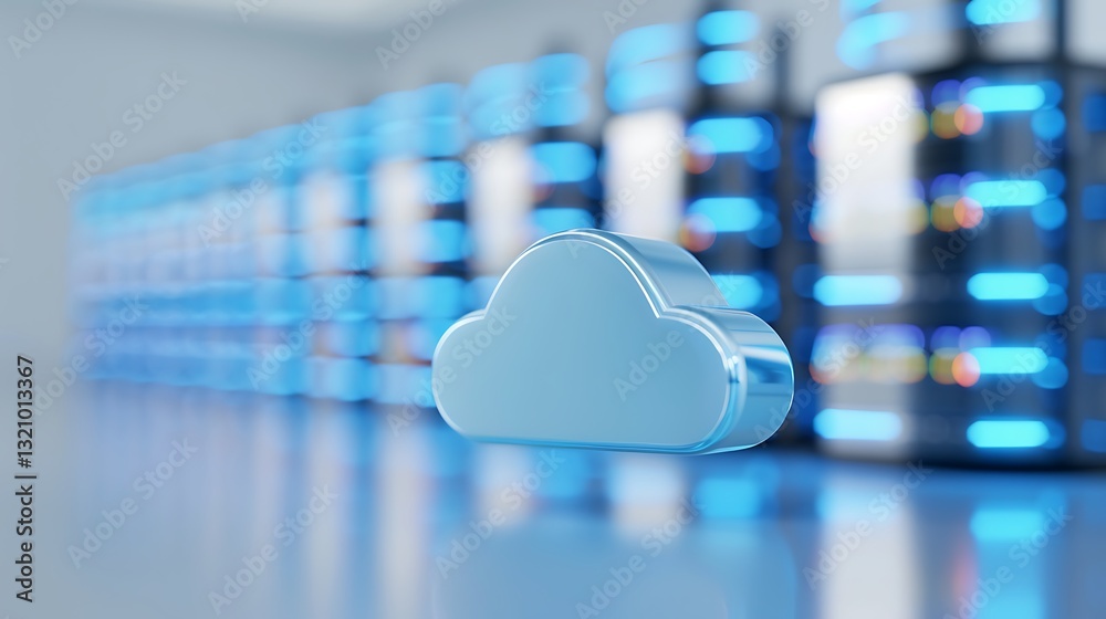 Wall mural modern cloud computing concept with digital cloud icon in front of high-tech server racks and blue l