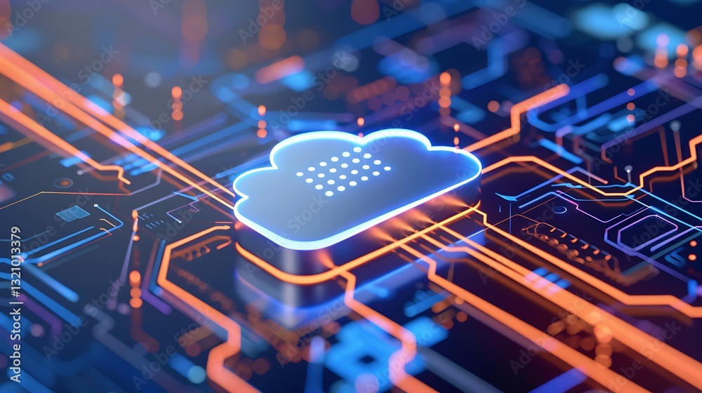 Poster modern cloud computing concept with digital circuitry and neon light effects for technology and data