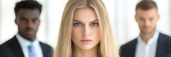Obraz premium Discomfort at Work Woman Faces Unwanted Attention From Male Colleagues, Blur, Interior