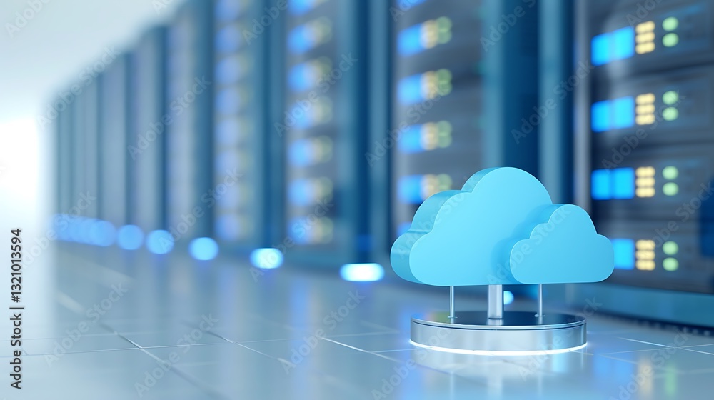 Poster modern cloud computing icon in front of data center rack with bright led lights and digital connecti