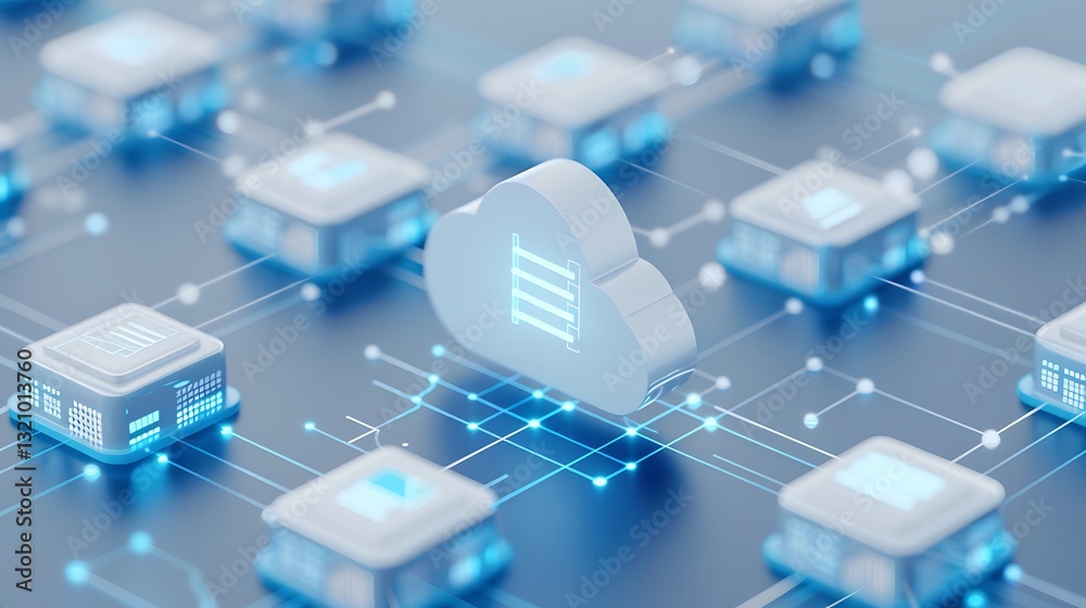 Poster modern cloud computing illustration with data servers and network representation in a digital enviro