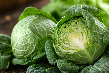 Green cabbages on wooden table at farmers market.