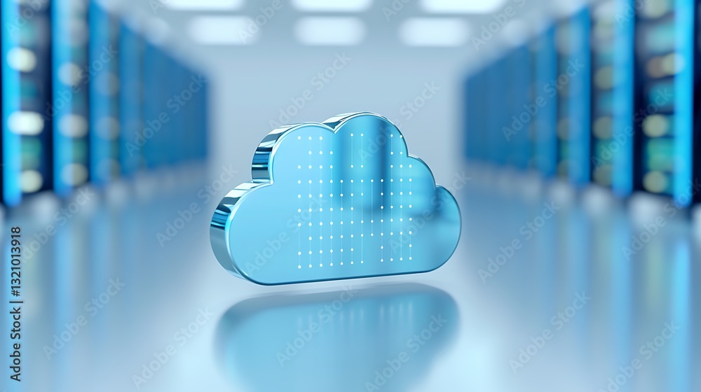 Wall mural modern cloud storage icon in a data center with blue lighting and server racks in the background