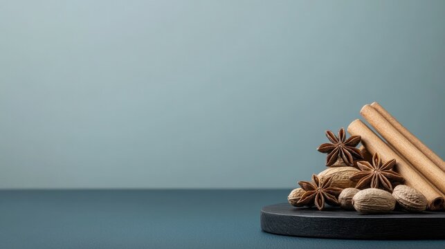 Warm spices arranged beautifully on dark surface evoke cozy culi