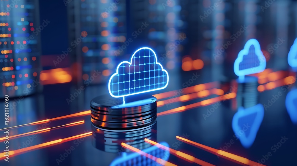 Wall mural neon cloud icon with data flow on modern digital background for technology and innovation concepts